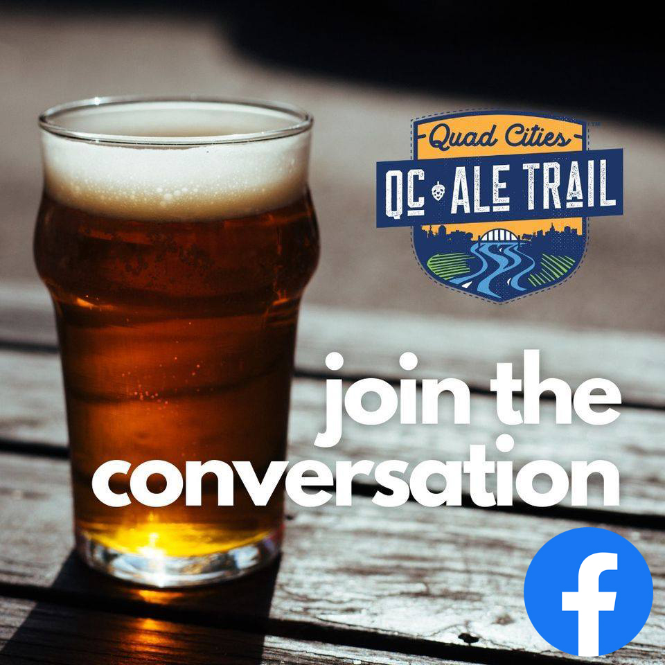 picture of glass of beer on wood plank table with QC Ale Trail logo and Facebook logo on the picture